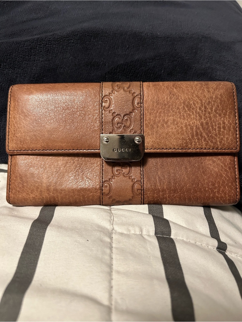 Gucci Tan/Brown Leather Embossed Continental Wallet with Metal Plate